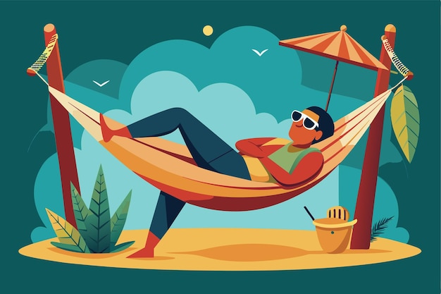 Vector a person enjoys the sunshine while lounging in a hammock sunbathe in a hammock customizable disproportionate illustration