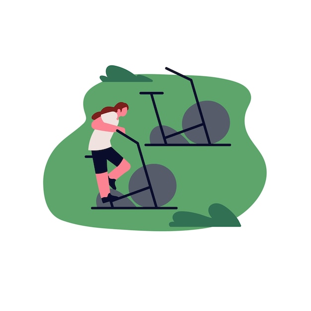 Person exercising on outdoor treadmill at workout ground park Woman cycling on stationary bicycle bike equipment training in nature in summer Flat vector illustration isolated on white background