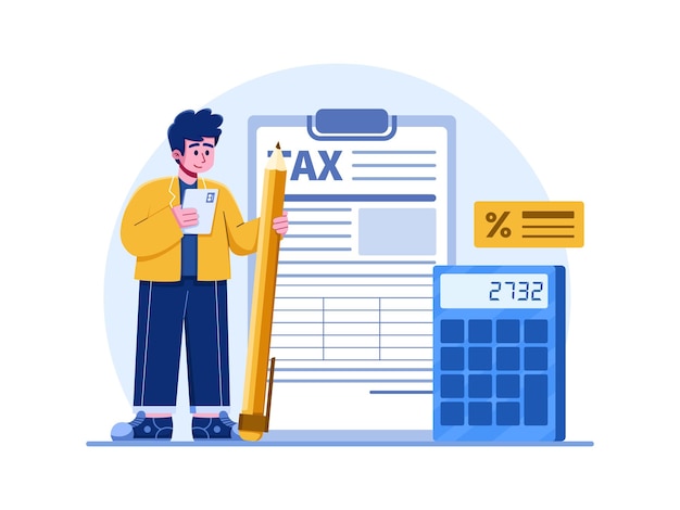 Vector person filing a tax form and also calculating taxes. filling tax documents. financial tax documents