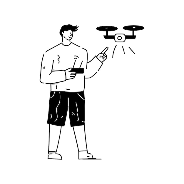 Person flying drone hand drawn illustration