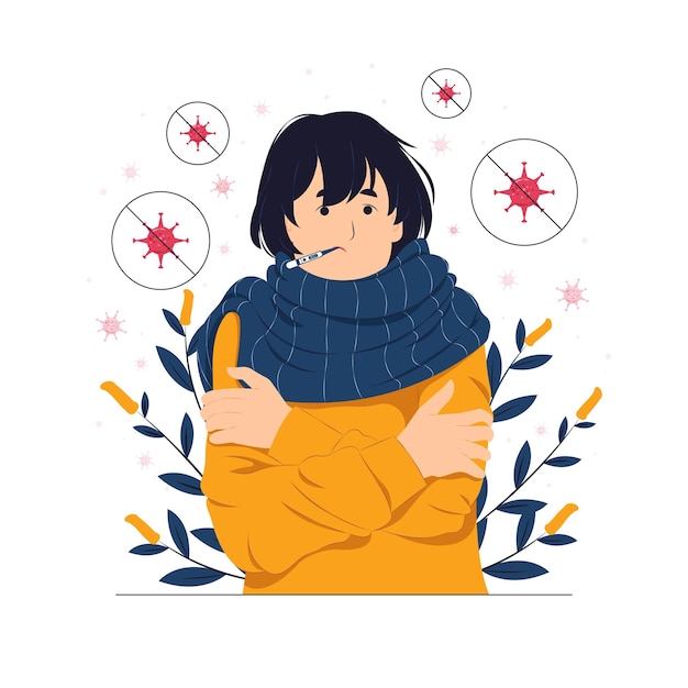 Person, girl, a woman with cold, ill, sick, and thermometer concept illustration