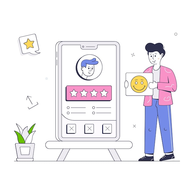 Person giving on reviews on a profile flat illustration of customer rating