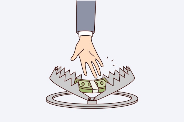 Person hand reaches for money in trap symbolizing risky income or danger when taking mortgage and loan Person who takes dirty money risks falling in trap and getting into trouble