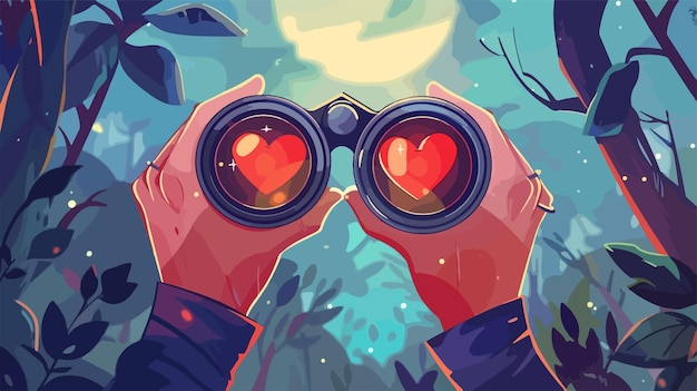 Vector person holding binoculars searching for soul mate on dating app