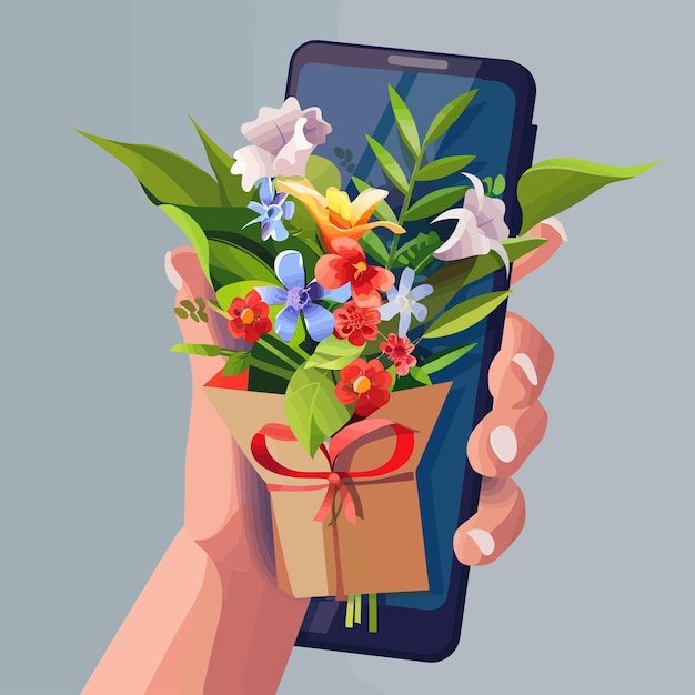 Vector a person holding a bouquet of flowers and a card that says quot flowers quot