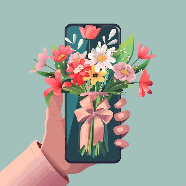 Vector a person holding a phone that has flowers in it