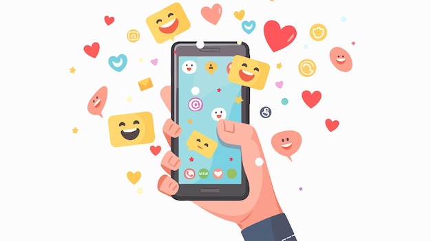 Vector a person holding a phone with many hearts and the words love and happiness