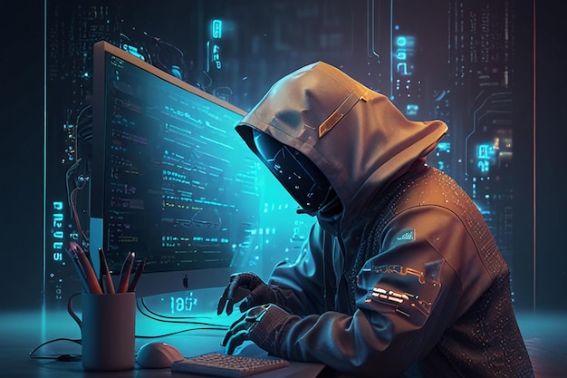 a person in a hoodie with the number 0 on itHacker in hoodie breaking into data