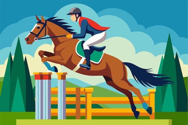 Vector a person on a horse successfully clearing a hurdle in a jump horse jumping customizable flat illustration