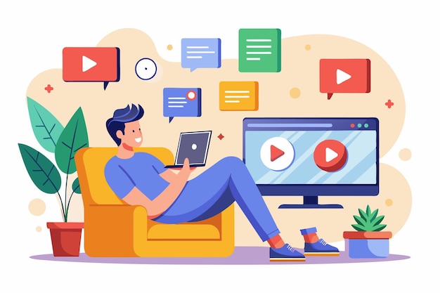 Vector a person is comfortably seated on a couch engaged with trending videos on a tablet and tv screens relax with youtube trending