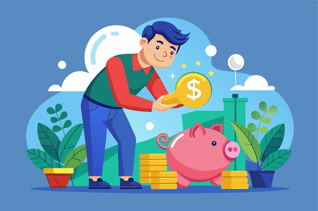 A person is happily dropping coins into a piggy bank surrounded by plants and sunlight promoting savings Saving money Customizable Flat Illustration