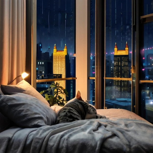 a person is laying on a bed with the window open and the city is in the background