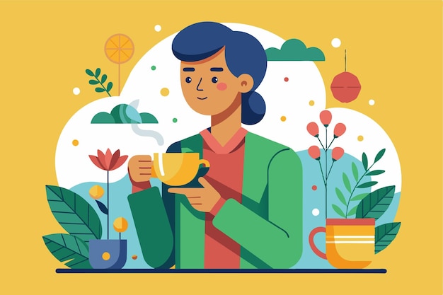 Vector a person is savoring a cup of tea in a bright cheerful environment filled with plants and decorative elements