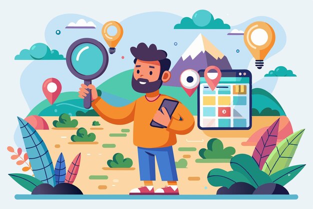 Vector a person is searching for a location using a smartphone and magnifying glass amidst a bright vibrant setting location search customizable cartoon illustration