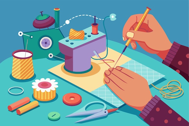 Vector a person is sewing a colorful fabric illustration with various crafting tools on a table hand sewing customizable disproportionate illustration