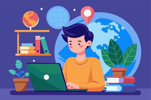 Vector a person is using a laptop in a comfortable workspace surrounded by books and plants learn to use a laptop and global