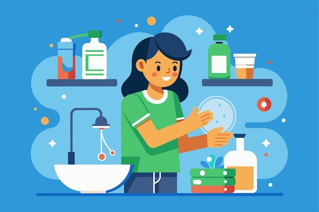 Vector a person is washing her hands with soap at a bathroom sink promoting hygiene and cleanliness handwashing customizable semi flat illustration