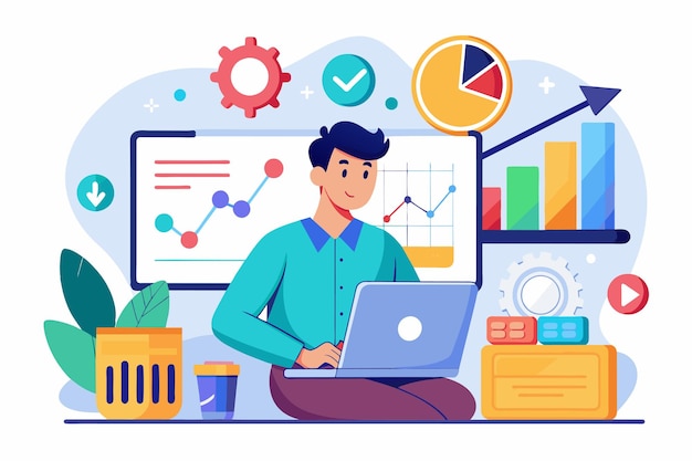 A person is working on a laptop to analyze business performance and investment metrics in a vibrant office setting Analyzing business performance and investment data using a flat illustration