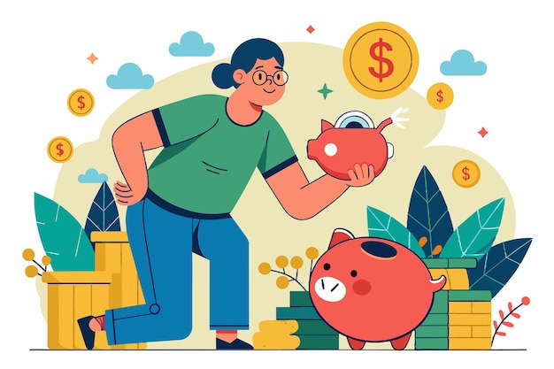 A person joyfully deposits money into a piggy bank surrounded by vibrant coins and plants Saving money Customizable Disproportionate Illustration