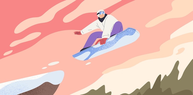 Person jumping on snowboard, flying in air. Snowboarder doing trick. Man on snow board in sky. Winter extreme sports activity. Professional athlete at mountain resort. Flat vector illustration.