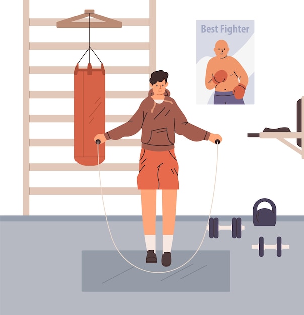 Vector person jumping with skipping rope in gym. boxer doing cardio exercises and warmup before workout. athlete warming up for training and working out in box club. flat vector illustration.