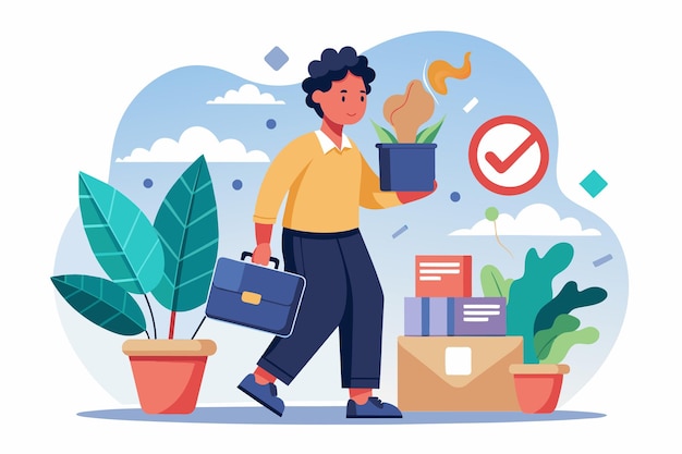 A person leaves their job with a plant and briefcase surrounded by packed boxes signaling a transition Quitting a job Customizable Disproportionate Illustration