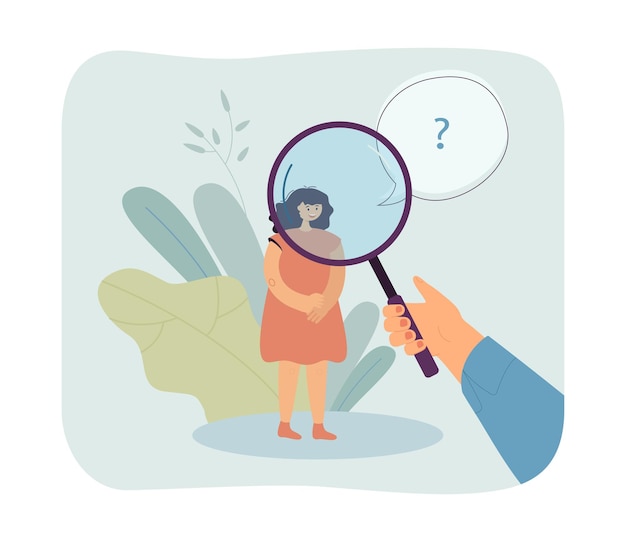 Person looking at girl through magnifier. Hand holding magnifying glass, getting to know new friend flat vector illustration. Meeting, friendship concept for banner, website design or landing web page