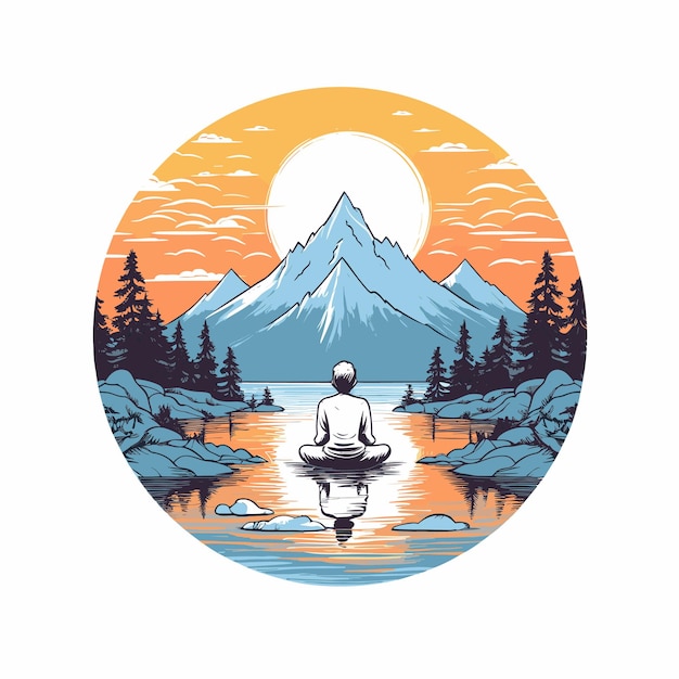 Person in Lotus Pose seated by a serene lake Vector illustration