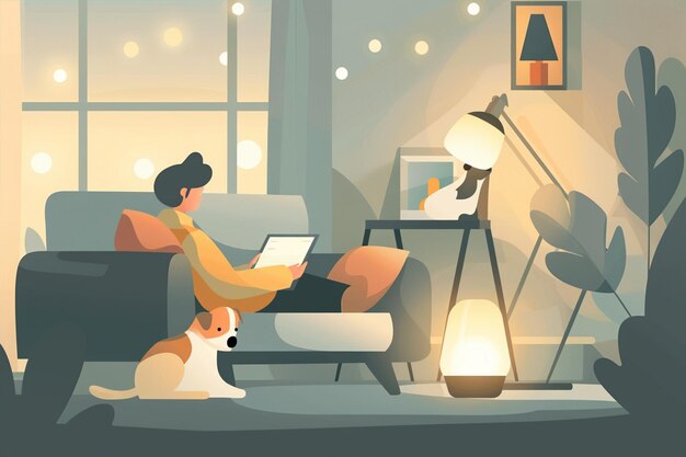 Vector person lounging on sofa in cozy evening setting