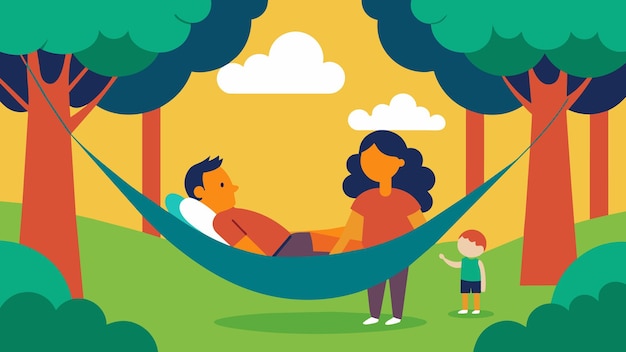 A person lying in a hammock between two trees watching as their family plays happily in the yard