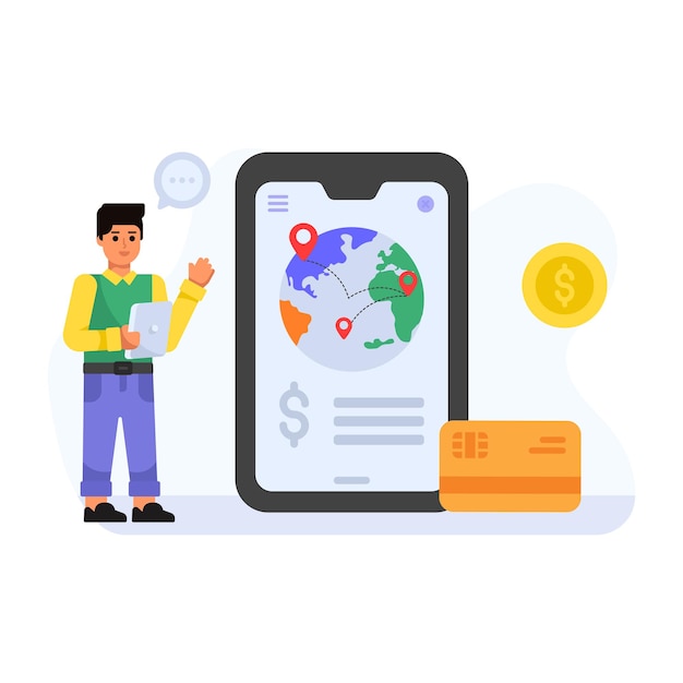 Person managing finance app flat character illustration