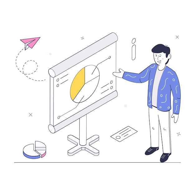 Person monitoring data chart isometric illustration of web analytics