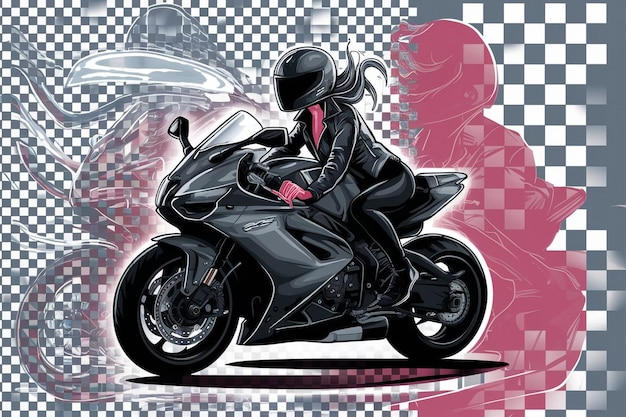 a person on a motorcycle with a pink background and a woman in the back is riding a motorcycle