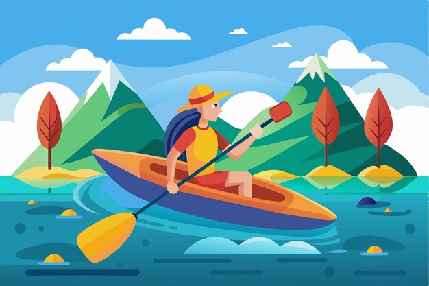 Vector a person navigates a kayak on a calm lake surrounded by mountains and colorful trees under a bright blue sky kayaking customizable flat illustration