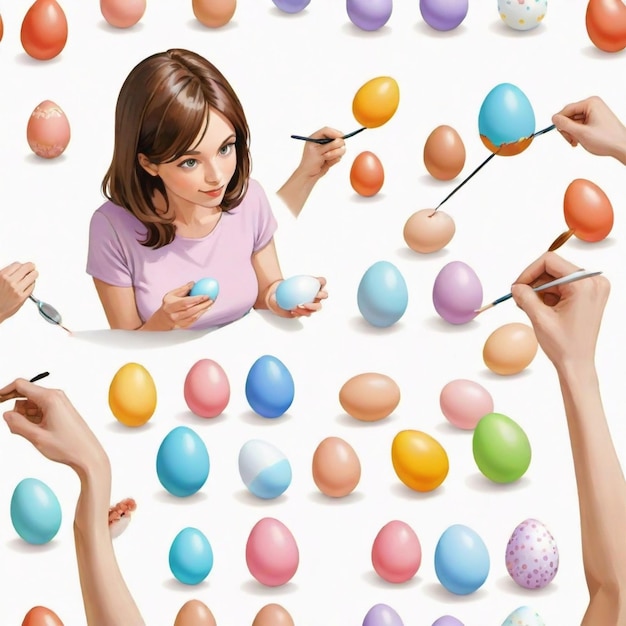 Vector person painting easter eggs cartoon vector set white background isolated