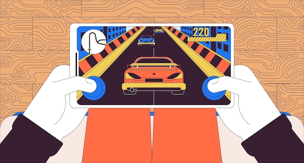 Person playing racing videogame 2D linear illustration concept