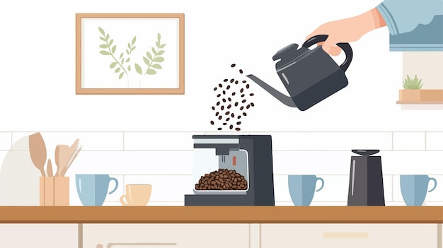 Vector person pouring coffee beans into coffee grinder