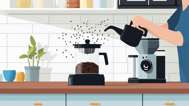 Vector person pouring coffee beans into coffee grinder