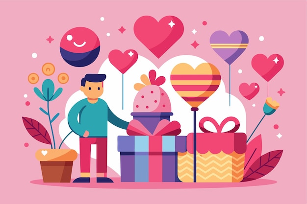 A person presents customizable gifts surrounded by festive Valentineas Day decor creating a joyful surprise Valentines day surprise Customizable Disproportionate Illustration