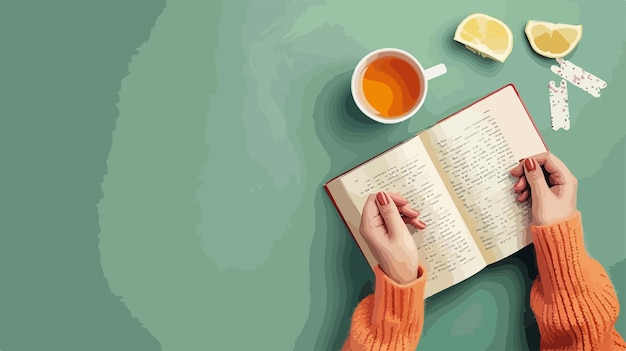 a person reading a book with a cup of tea and a book with a lemon wedge on the table