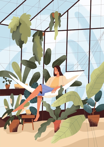 Person relaxing in home greenhouse among potted plants. Happy woman on hammock in green house at leisure. Female resting in glass winter garden with houseplants, urban jungle. Flat vector illustration