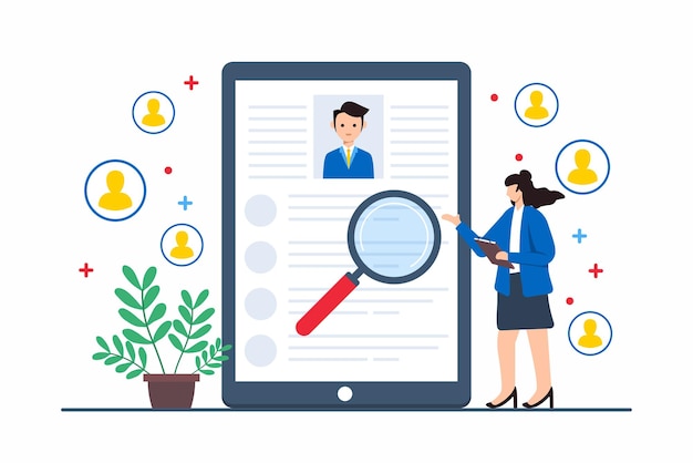 Vector person reviewing resumes on digital tablet for candidate selection and talent acquisition