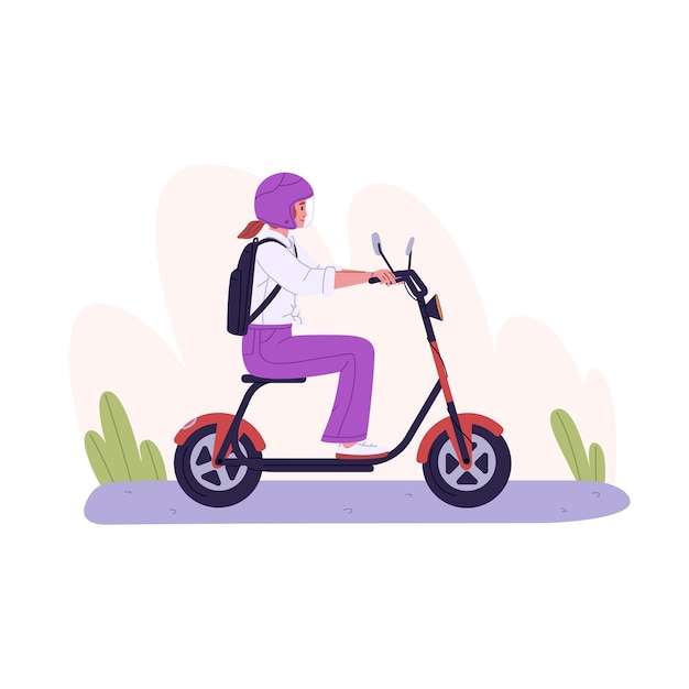 Person riding electric scooter Woman driving eco moped Rider in helmet sit on bike seat Student with backpack travel by modern transport Flat vector illustration isolated on white background