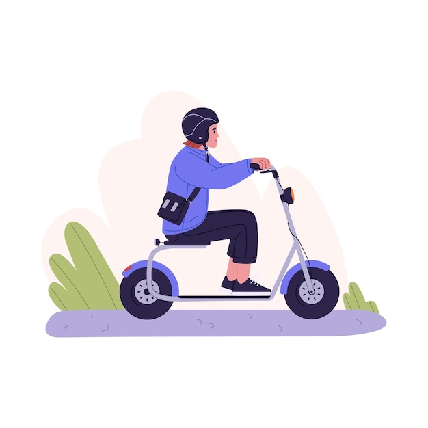 Person riding electric scooter Woman driving moped Motorbike rider in helmet on bike seat Modern ecofriendly city transport Colored flat vector illustration isolated on white background