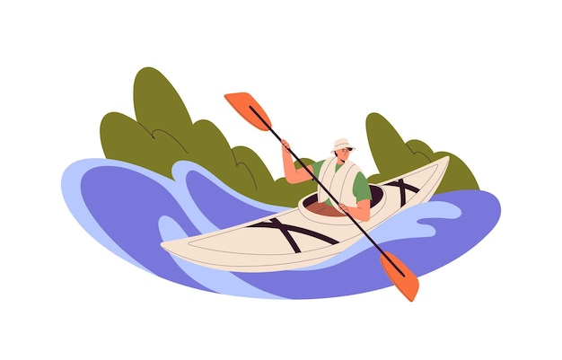 Vector person rowing with paddles kayaking man with oars in canoe rafting in river water on summer holidays solo kayaker sitting in rowboat flat vector illustration isolated on white background