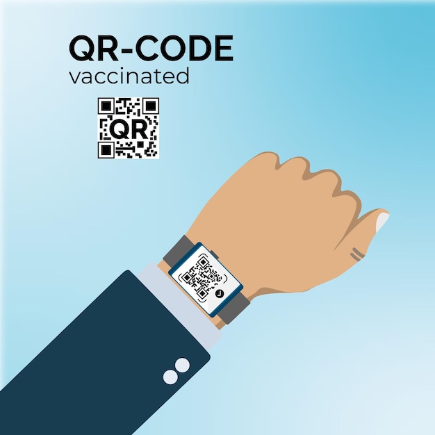 A person's hand shows a digital vaccination certificate on a smartwatch. QR code.