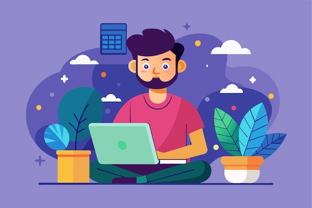 Vector a person sits crosslegged focused on their laptop amid greenery and a colorful background freelancer customizable semi flat illustration