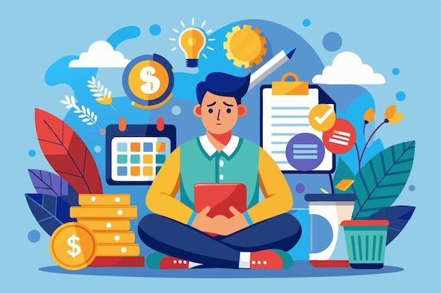 A person sits surrounded by financial symbols charts and items reflecting money management challenges Money stress Customizable Flat Illustration