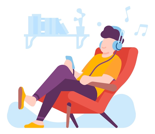 Vector person sitting in chair and listening relaxing music in headphones