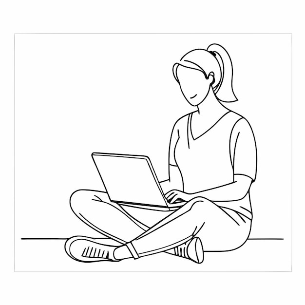 a person sitting on the floor with a laptop and a drawing of a person on the screen